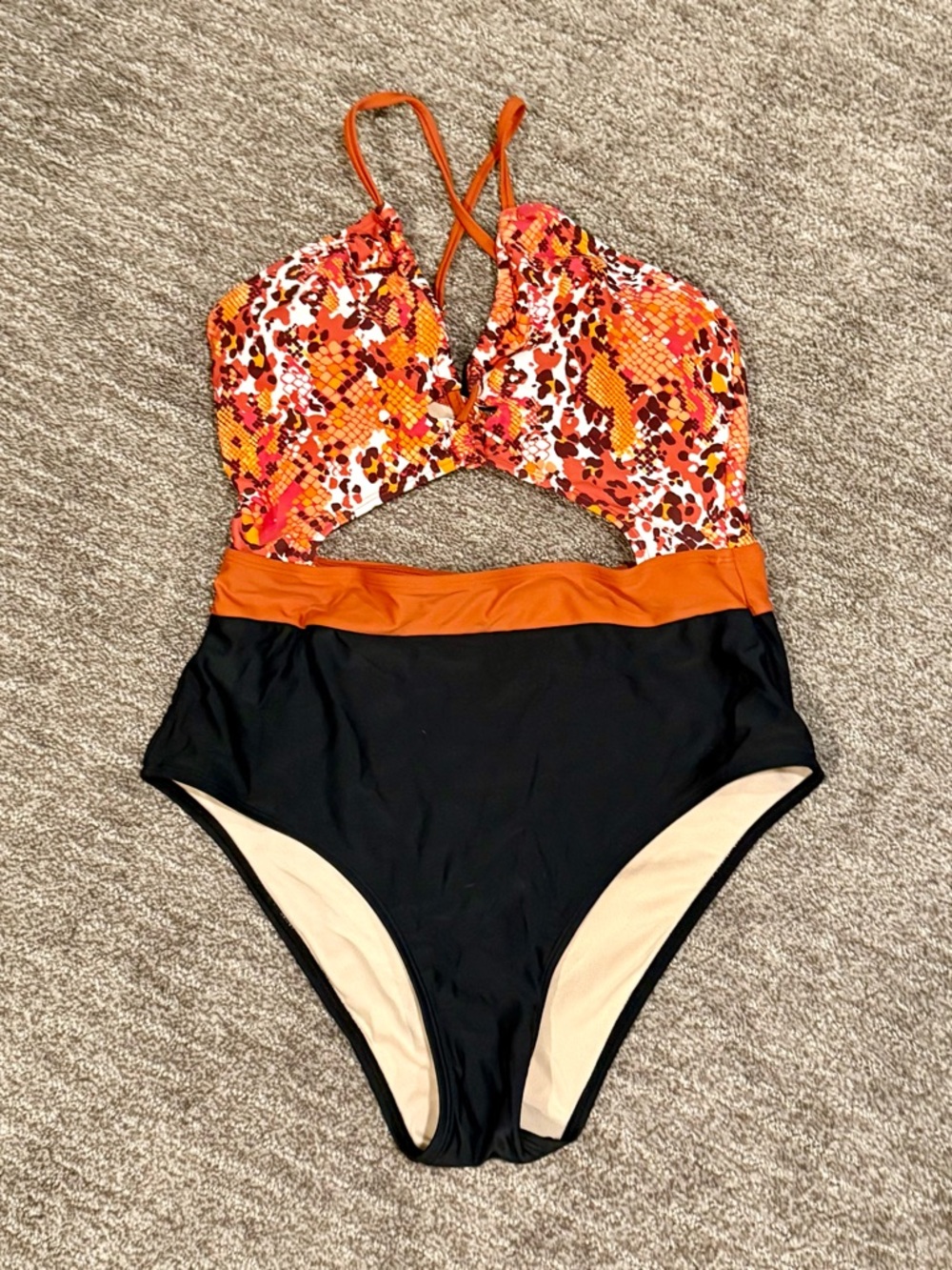 Cupshe Orange Patterned & Black Cutout One-Piece Swimsuit with Crisscross Straps